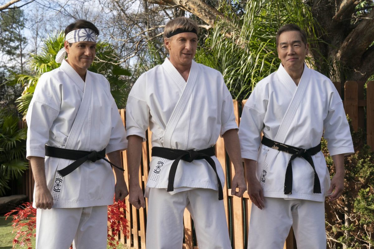 (L to R) Ralph Macchio as Daniel LaRusso, William Zabka as Johnny Lawrence, Yuji Okumoto as Chozen in Cobra Kai.